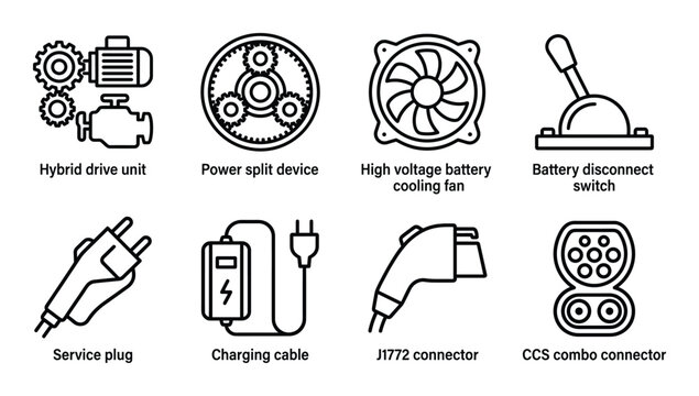 Electric vehicle charging and power system components including hybrid drive unit battery disconnect switch and charging cable connector