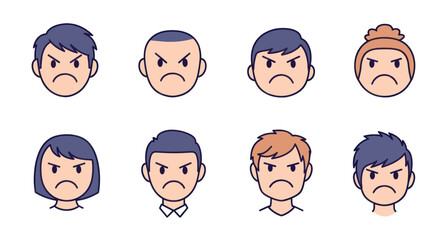 Fototapeta premium Set of diverse angry cartoon avatars with frustrated facial expressions, isolated on white background, perfect for emotions or social media projects