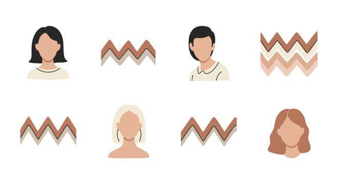 Minimalist gender neutral avatars with zigzag patterns, modern flat design icons for social media profiles and UI design