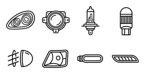 Naklejka premium Headlight and fog lamp line icons collection showing halogen bulbs lenses and car lighting systems