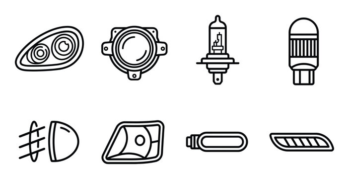 Headlight and fog lamp line icons collection showing halogen bulbs lenses and car lighting systems