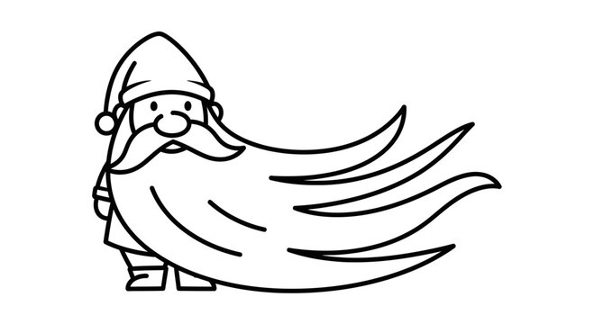 A whimsical line art illustration of a cheerful gnome character with a magnificently long, flowing