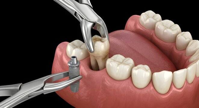下顎骨における抜歯とインプラント治療過程・歯科教育用図解