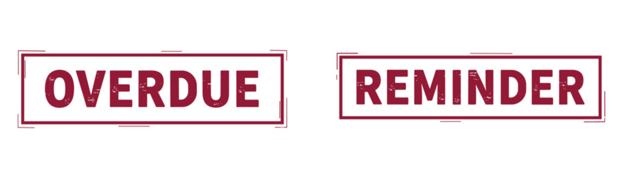 Overdue and reminder stamp icons, red text in rectangular frames on transparent background