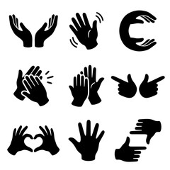 Obraz premium Collection of Various Hand Gesture Icons in Silhouette Style for Communication and Expression.