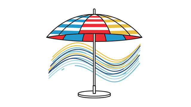 Colorful striped beach umbrella standing in front of stylized blue and yellow waves representing a sunny summer vacation day.
