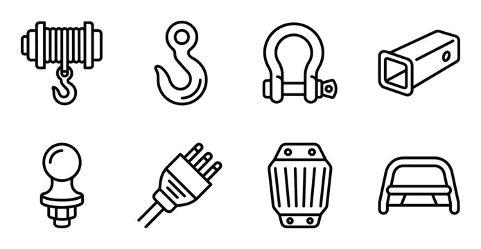 Towing and cargo equipment, auto accessories, car parts outline icons, pickup truck parts