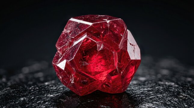 Natural Red Garnet Crystal Mineral Specimen on Dark Rock Background