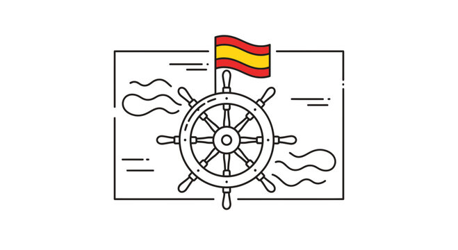 Streamlined linear icon featuring a ship's helm and waving Spanish flag symbolizing sea travel and