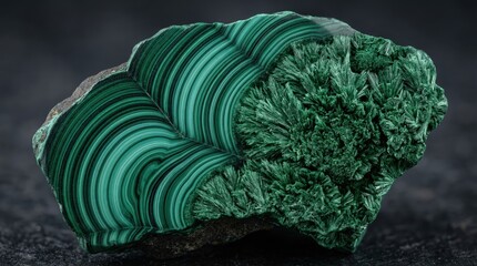 Fototapeta premium Malachite Mineral Specimen with Vibrant Green Concentric Banding and Fibrous Crystal Texture