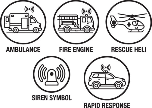 Emergency Vehicle Icon Set including Ambulance, Fire Engine, Rescue Helicopter, Rapid Response SUV, Siren Symbol, and Medical Star of Life.