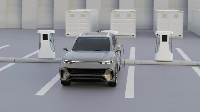 Electric SUV charging at charging station. Cargo container with Energy storage system at background. 3D animation.