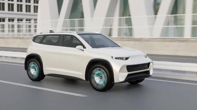 Electric SUV driving on the highway. 3D rendering animation.
