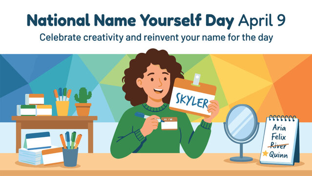 Illustration of a person celebrating National Name Yourself Day by writing a new name 'Skyler' on a whiteboard, surrounded by creative elements.