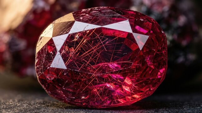 Macro view of a faceted red ruby gemstone with intricate internal needle inclusions