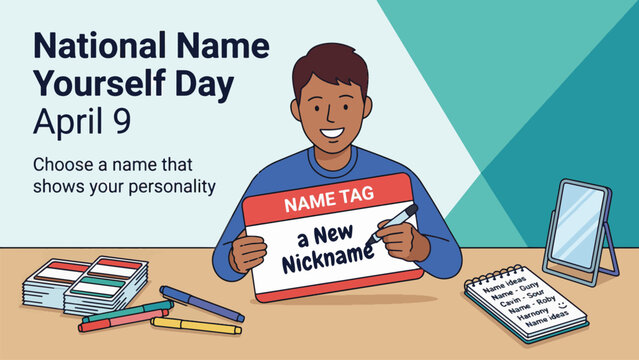 National Name Yourself Day April 9 Creative Identity Illustration, Man Choosing New Nickname, Self Expression and Personality Concept, Imagination Flat Vector Design