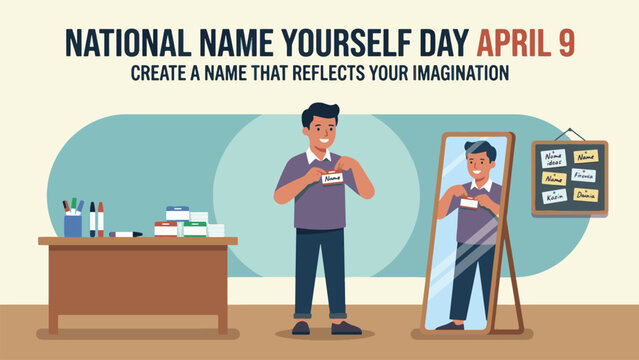 National Name Yourself Day April 9 Identity Concept Illustration, Man Imagining Alternate Persona in Mirror, Creativity and Self Expression, Personal Identity Flat Vector Design