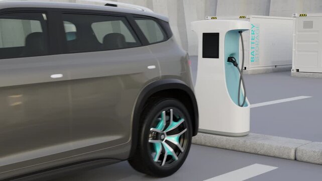 Electric SUV leaving charging station after recharged. 3D animation.