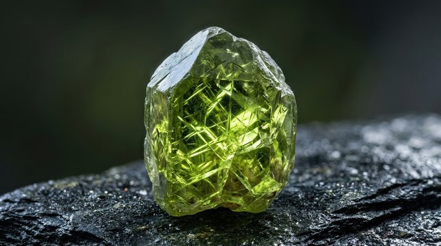 Raw Uncut Peridot Gemstone on a Dark Textured Rock Surface