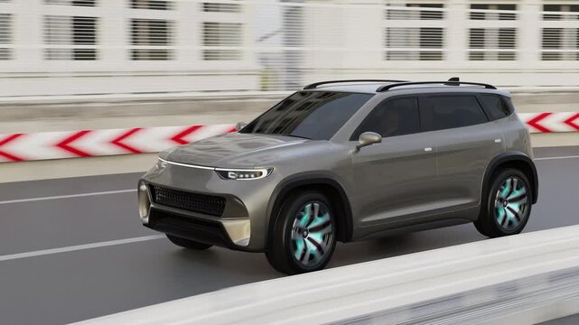 Electric SUV driving on the highway. 3D rendering animation.