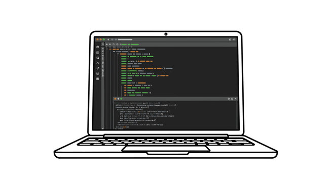 Laptop computer with coding on screen.