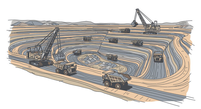 Mining trucks and excavators in quarry.