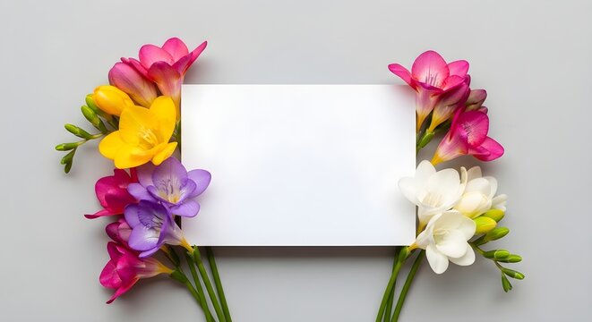 Beautiful Freesia Flowers Adorn a Blank White Card, Perfect for Invitations and Greetings