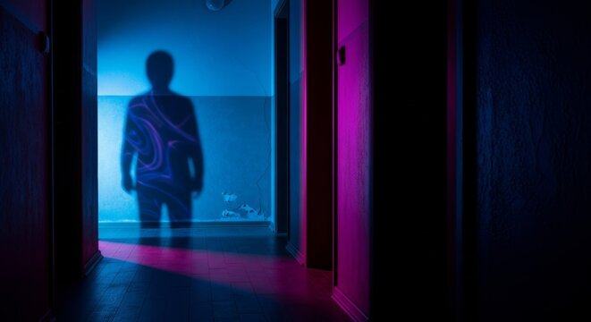 A shadowy shape lingers in a dim, narrow apartment hallway, surrounded by dark corners and a heavy atmosphere of quiet, lonely melancholy, walls, light, depth