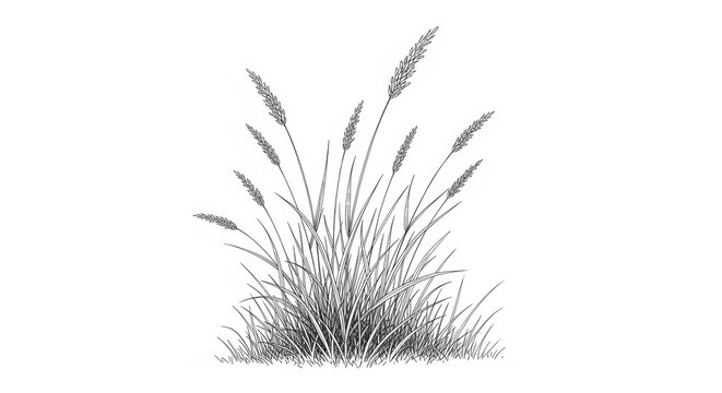 Detailed illustration of a lush clump of ornamental grass with feathery seed heads