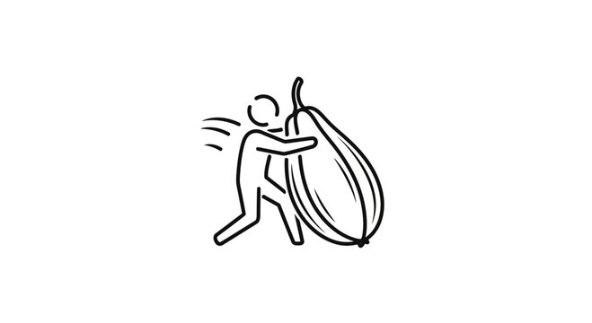 Dynamic monochrome graphic illustrating a human figure exerting effort to move an oversized fruit