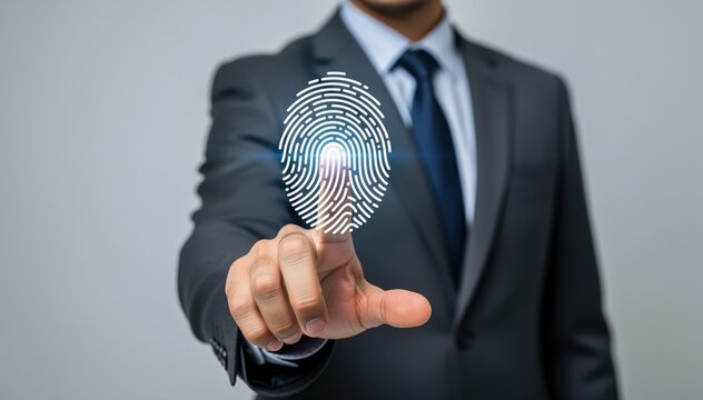 Digital Security Touch: A sharp-dressed individual utilizes fingerprint technology, seamlessly interacting with a digital interface, representing the cutting edge of authentication. 
