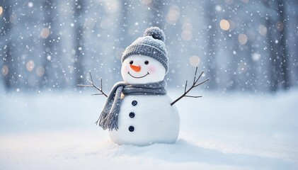 Fototapeta premium Snowman's Winter Wonderland: A cheerful snowman, adorned with a cozy hat and scarf, stands in a snowy landscape, exuding the joy of winter amidst falling snowflakes.