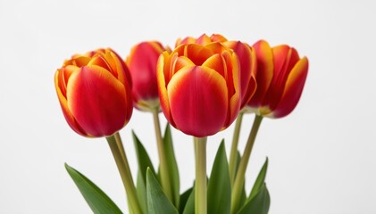 Fototapeta premium Vibrant Tulip Symphony: A captivating bouquet of radiant tulips, their petals ablaze with a striking blend of red and yellow hues.