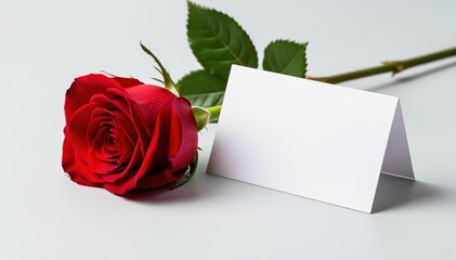 Fototapeta premium Crimson Rose and Blank Card: A vibrant, velvety red rose rests beside a clean, blank card, creating a visual symphony of romance, beauty, and anticipation.