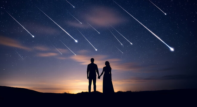 Romantic couple holding hands under a starry night sky filled with shooting stars, a magical celestial event