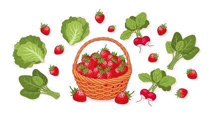Strawberries in a Wicker Basket Surrounded by Leaves. © alesana