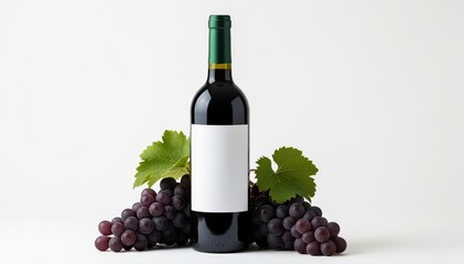Obraz premium Wine and Grapes Still Life: A pristine bottle of rich red wine stands elegantly beside a cluster of fresh grapes, the composition enhanced by the delicate beauty of verdant leaves.