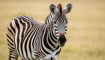 Obraz premium Zebra in the Wild: A captivating portrait of a zebra in its natural habitat, its striking stripes creating a mesmerizing contrast against the backdrop of the savanna. 