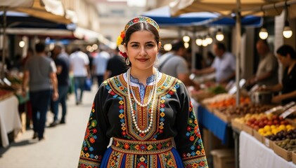 Fototapeta premium Cultural Harmony in the Marketplace: A radiant individual, adorned in vibrant traditional attire, stands amidst the bustling atmosphere of a marketplace, exuding warmth and cultural richness. 