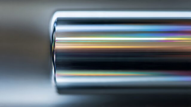 Polished chrome cylinder with reflective surface and smooth highlights. Industrial metal macro background for technology design