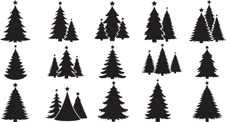 Obraz premium A set of black Christmas tree silhouettes on a white background, featuring various pine and fir tree designs, including single trees and forest clusters topped with stars for festive holiday branding.