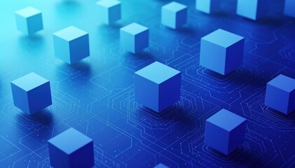 Obraz premium Abstract Data Cubes: An artistic display of blue cubes arranged on a circuit board, representing the modern concept of data and technology.