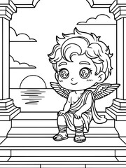 Naklejka premium Chubby Cupid in a Divine Setting: A black and white illustration of Cupid, the cherubic figure of love, perched against an ancient architectural backdrop, evoking classical charm.