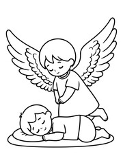 Naklejka premium Guardian Angel's Gentle Watch: A serene illustration of an angel tenderly watching over a sleeping child, symbolizing protection and peace. 