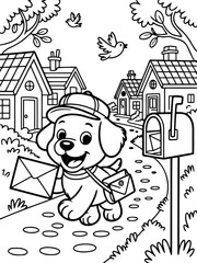 Fototapeta premium Dog Postman Delivering Mail: A charming illustration depicts a friendly dog postman, diligently delivering mail down a quaint street lined with houses.