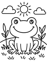 Fototapeta premium Smiling Frog Illustration: A cheerful frog smiles brightly under the warm sun, with fluffy clouds drifting lazily overhead.