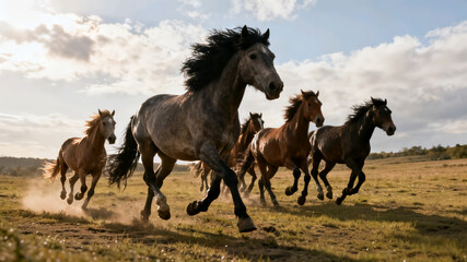 Obraz premium Wild horses galloping across a sunny meadow. Group of stallions running free in a rural landscape with dust and natural sunlight.