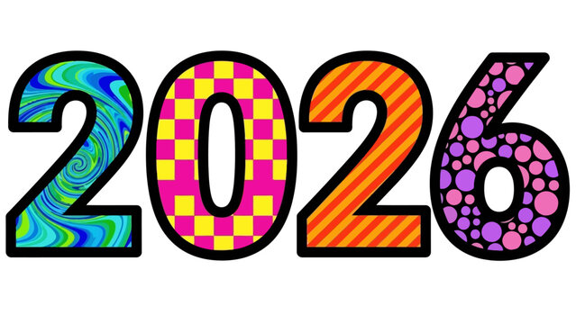Colorful 2026 Numbers with Patterns and Designs.