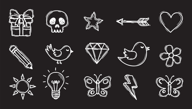 A set of playful, hand-drawn white icons on a black background, featuring a variety of symbols including a heart, skull, bird, butterfly, lightning bolt and lightbulb in a sketchy chalkboard aesthetic