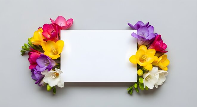 Bright freesia flowers in various colors creating a charming natural frame around an empty white notecard, ideal for customized designs